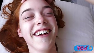 Slender redhead teen fucked by 2 horny old guys in bed